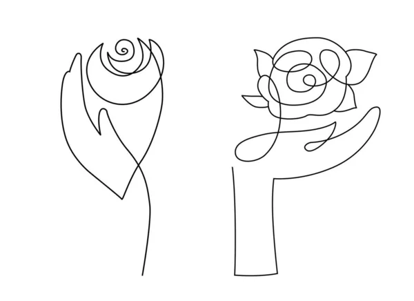 一套优雅的女人手牵着玫瑰，线条艺术风格 — 图库矢量图片