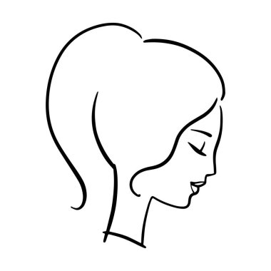 Doğrusal kadın portresi, romantik profil portresi. At kuyruklu saç stili. Güzellik ürünleri için basit logo