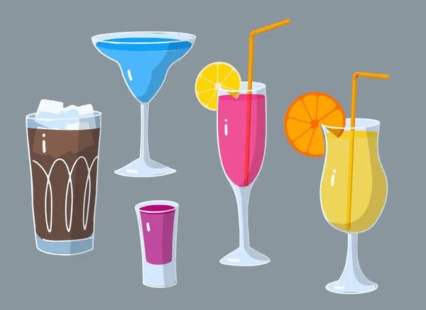 Dibujos animados conjunto de bebidas, vaso de cóctel con pieza de fruta — Vector de stock