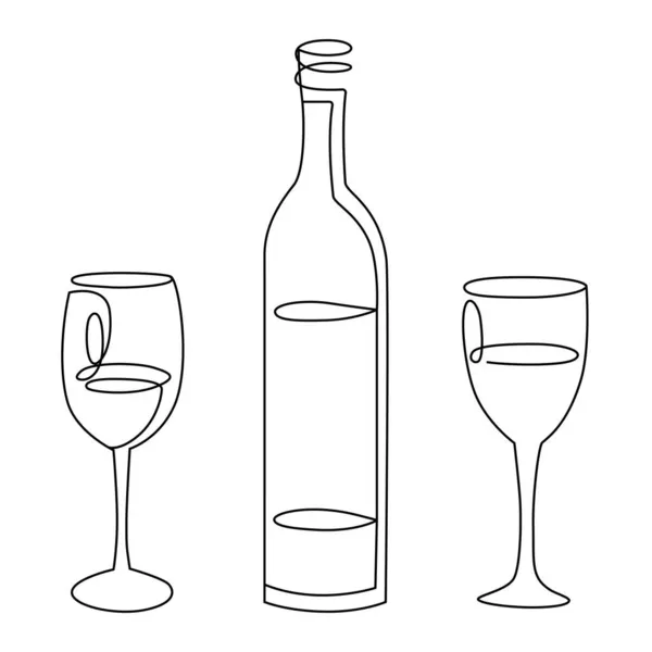 Line art set, fles wijn met twee glazen — Stockvector