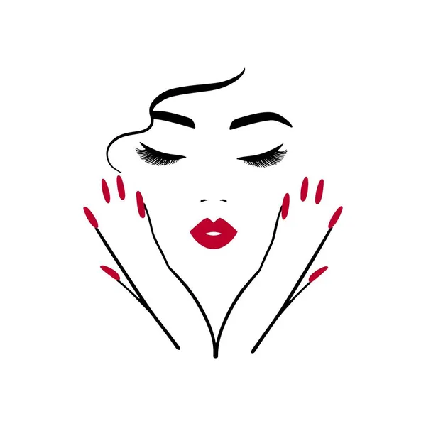 Elegantes Logo für Schönheitssalon, Nagelstudio. Zeile Frauenporträt mit Händen. — Stockvektor