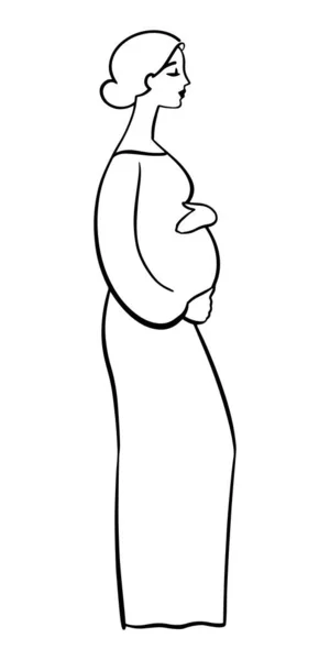 Handgetekend staande zwangere vrouw, lineair profielportret met handen op de buik. Harmonie om moeder te zijn. — Stockvector