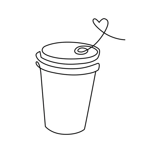 Copo de arte linha de bebida quente para levar, uma xícara linear de café com vapor em forma de coração. — Vetor de Stock