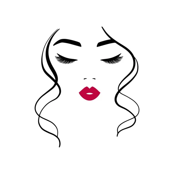 Minimal logotyp för skönhetsprodukter. Linje kvinna porträtt med ljusa läppar och lockigt hår — Stock vektor