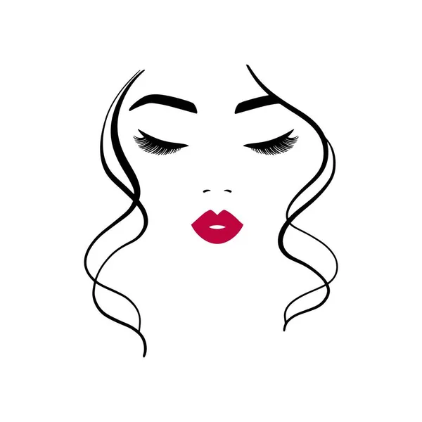 Logotipo mínimo para productos de belleza. Retrato de mujer de línea con labios brillantes y cabello rizado Vectores de stock libres de derechos