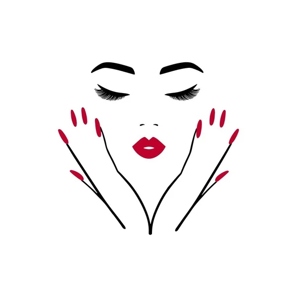 Minimales Logo für Schönheitssalon, Nagelstudio. Zeile Frauenporträt mit Händen. Strahlende Lippen und Maniküre — Stockvektor