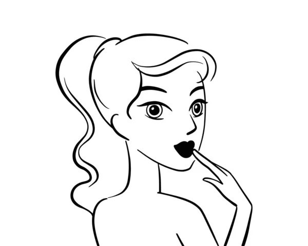 Linienporträt einer attraktiven Flirterin, Zeichentrickfigur. Berührt ihre Lippen mit dem Finger. — Stockvektor