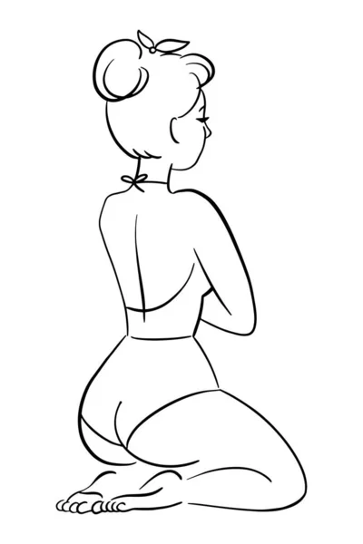 Desenho de linha de uma mulher sentada sexy em um maiô. Corpo atraente positivo. Pin up menina —  Vetores de Stock