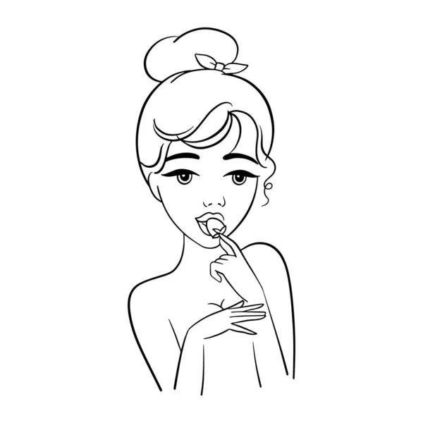 Attractive woman eat a strawberry, line drawing, flirting cartoon character — Stock Vector