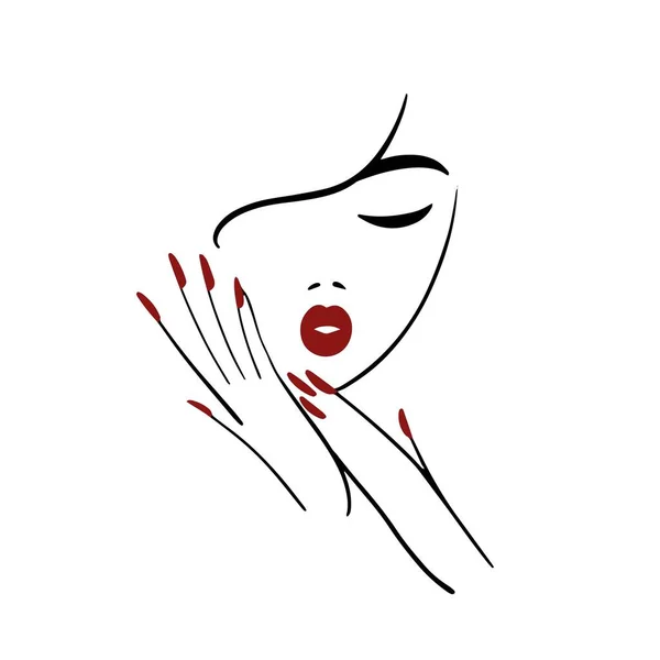 Minimal logotyp för en skönhetssalong, nagelstudio. Linje kvinna porträtt med händer. Röda läppar och manikyr — Stock vektor