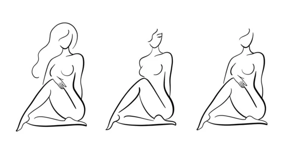 Weibliche Körperskizze, Linienzeichnung einer schönen Figur. Sitzende elegante Frau lizenzfreie Stockillustrationen