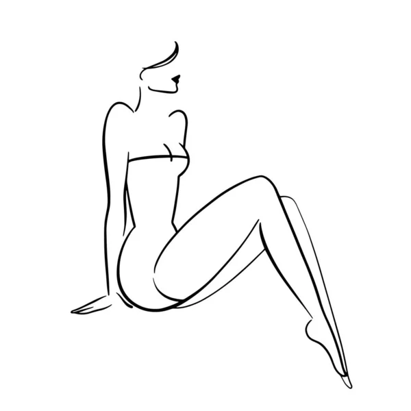 Esbozo del cuerpo femenino, dibujo en línea de una hermosa figura. Mujer sentada, pose elegante Vector de stock