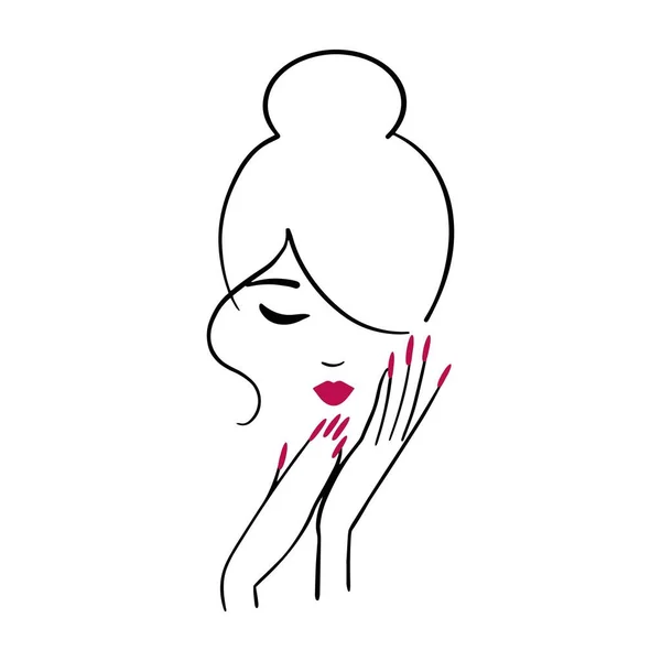 Einfaches elegantes Logo für einen Schönheitssalon, Nagelstudio. Linien-Frauenporträt mit Händen und Haarbüschel — Stockvektor