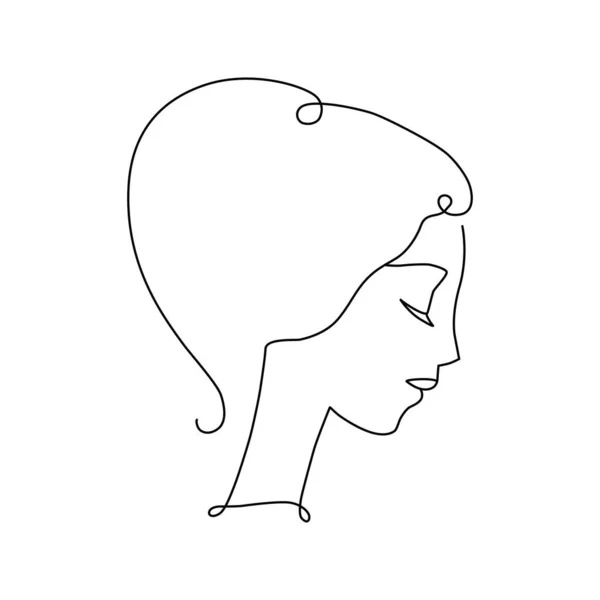 Retrato de mujer de línea de arte, retrato de perfil romántico con peinado clásico moño. Logo simple para salón de belleza. — Vector de stock