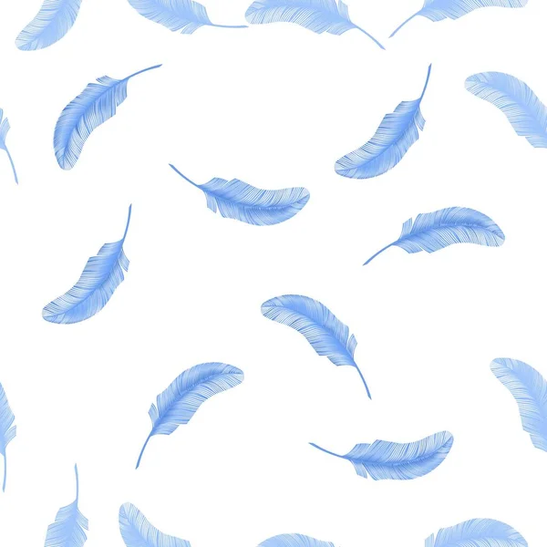 Seamless pattern, realistic feather. Blue elements on white background. Elegant feather — Vetor de Stock