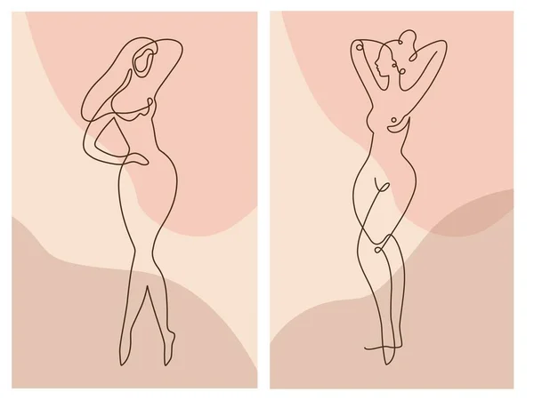 Lijnkunst. Het vrouwelijk lichaam. Elegante naaktfiguur, kunstposter. Kleurrijk beeld — Stockvector