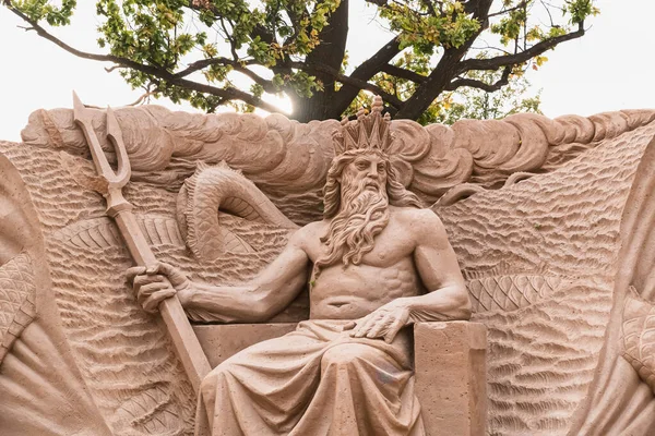 Sandy Sculpture Poseidon Sitting Throne Trident Tree Branch — Stock Photo, Image