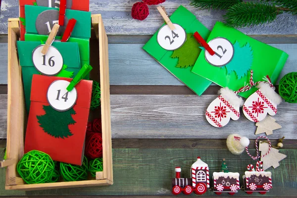 Christmas Advent Calendar Table Wooden Box Multicolored Envelopes Made Hand — Stock Photo, Image