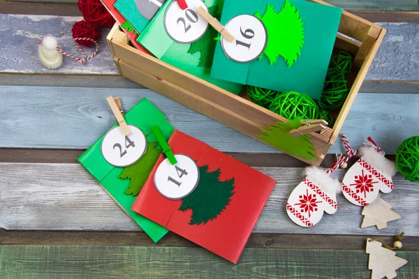 Christmas Advent Calendar Table Wooden Box Multicolored Envelopes Made Hand — Stock Photo, Image