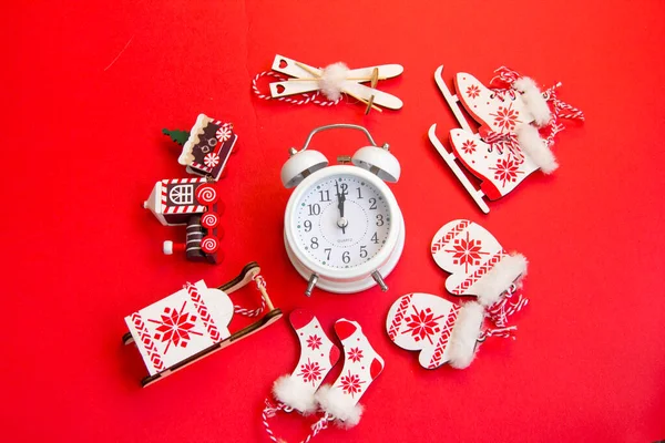 New Year Layout Red Background Mittens Sled Wooden New Year — Stock Photo, Image