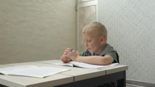 Portrait school kid siting on table doing homework, home schooling — Stock Video