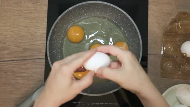 Ovos frescos quebram na frigideira quente no fogão. Ovos fritos em panela antiaderente. — Vídeo de Stock