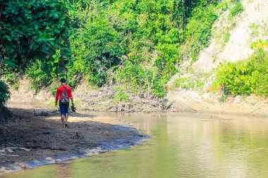 Ormanda elinde ayakkabıları olan bir adam derenin kenarında yürüyor. Ormanda yürüyüş yapan yürüyüşçüler. Dağ nehrinin yanındaki ormanda yürüyen yürüyüşçüler..