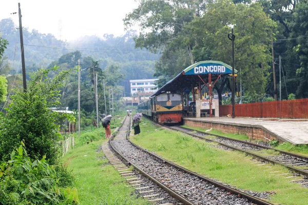 Pessoas Estão Espera Chuva Comboio Uma Estação Ferroviária Chuvosa Universidade — Fotografia de Stock