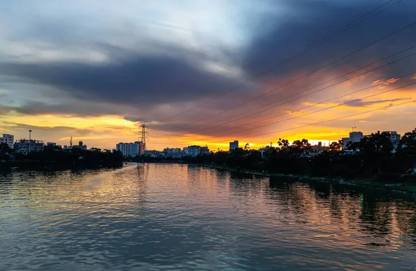 Pôr Sol Costa Lago Natureza Paisagem Natureza Bangladesh Reflexão Céu — Fotografia de Stock