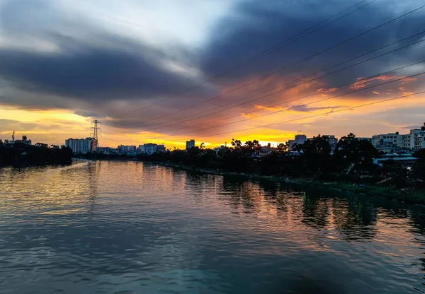 Pôr Sol Costa Lago Natureza Paisagem Natureza Bangladesh Reflexão Céu — Fotografia de Stock