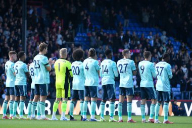 LONDON, ENGLAND - 3 Ekim 2021: Leicester oyuncuları, Crystal Palace FC ile Selhurst Park 'taki Leicester CIty FC arasında oynanan 2021-22 Premier Lig maçı öncesinde resmedildi. Telif Hakkı: Cosmin Iftode / Picstaff