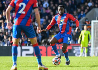 LONDON, ENGLAND - 3 Ekim 2021: Saray 'dan Jeffrey Schlupp, Crystal Palace FC ile Selhurst Park' taki Leicester CIty FC arasında oynanan 2021-22 Premier Lig maçında çekildi. Telif Hakkı: Cosmin Iftode / Picstaff
