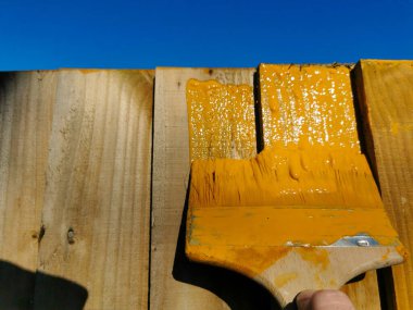 Baharın başında tahta bir çite boya fırçasıyla turuncu bacaklar uygulanacak. temizleme süreci.