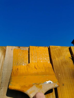 Baharın başında tahta bir çite boya fırçasıyla turuncu bacaklar uygulanacak. temizleme süreci.