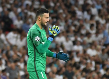 MANCHESTER, ENGLAND - SEPTEMBER 14, 2016: Monaco kalecisi Danijel Subasic, Wembley Stadyumu 'nda Tottenham Hotspur ve AS Monaco arasında oynanan UEFA Şampiyonlar Ligi E Grubu maçında takımının attığı golü kutluyor. Telif Hakkı: Cosmin Iftode /