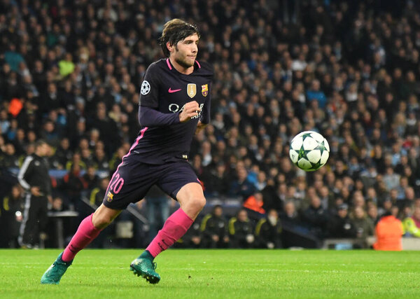 MANCHESTER, ENGLAND - NOVEMBER 1, 2016: Sergi Roberto of Barcelona pictured in action during the UEFA Champions League Group C game between Manchester City and FC Barcelona at City of Manchester Stadium. Copyright: Cosmin Iftode/Picstaff