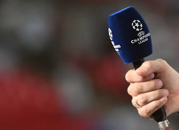 Manchester England September 2016 Mikrofon Bermerek Juara Uefa Ditampilkan Sebelum — Stok Foto