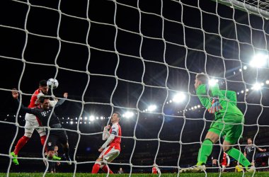 LONDON, ENGLAND - MARCH 7, 2017: Olivier Giroud (L) of Arsenal pictured in action during the second leg of the UEFA Champions League Round of 16 game between Arsenal FC and Bayern Munchen at Emirates Stadium. Copyright: Cosmin Iftode/Picstaff Copyrig