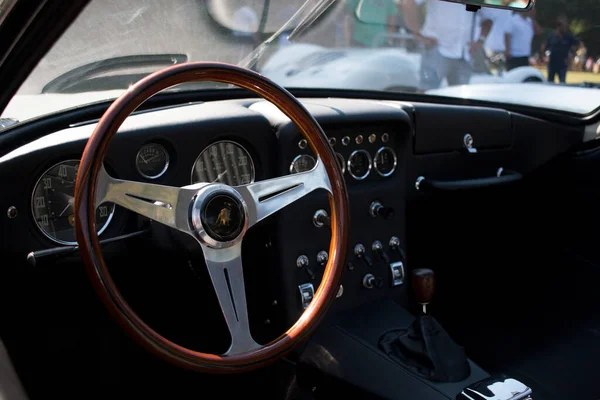 Soestdijk, The Netherlands - AUG 24, 2019: the interior of a classic Lamborghini at Concours d'Elegance Paleis Soestdijk. Classic sports car.