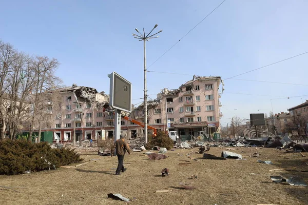 Черниговская Украина 2022 Последствия Взрыва Гостиницы Украина Российской Ракетой Война — стоковое фото
