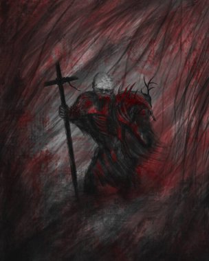 Omzunda ölü bir hayvan olan zombi, korku çizimi.