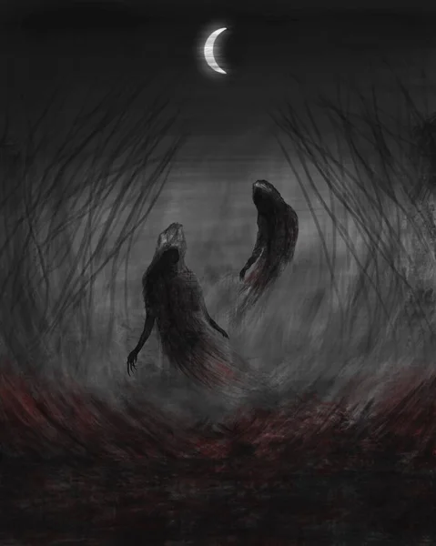 Espíritus Oscuros Bajo Luna Boceto Oscuro — Foto de Stock