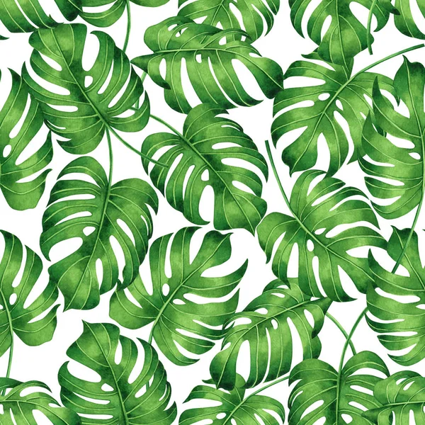 Watercolor painting tropical monstera,palm leaf,green leave seamless pattern background.Watercolor hand drawn illustration tropical exotic leaf prints for wallpaper,textile Hawaii aloha jungle style