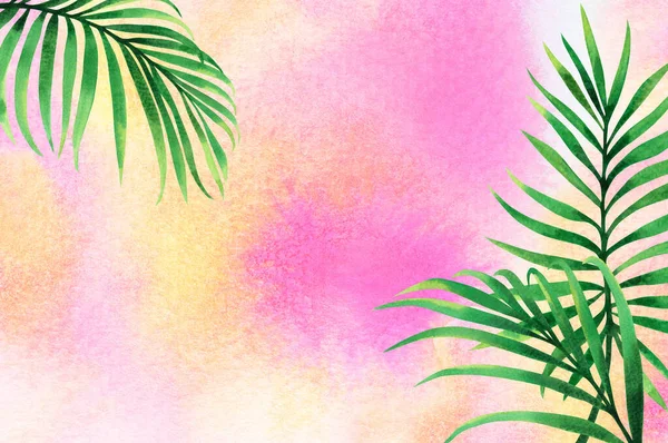 Aquarellmalerei Rahmen Kokosnussblätter Palme Grünes Blatt Auf Rosa Sand Aquarell — Stockfoto