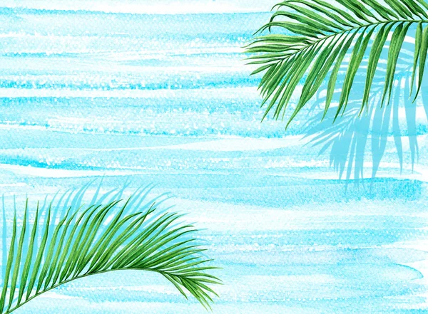 Акварельная Живопись Рамка Кокосовые Листья Пальмы Зеленый Лист Тенью Фоне — стоковое фото
