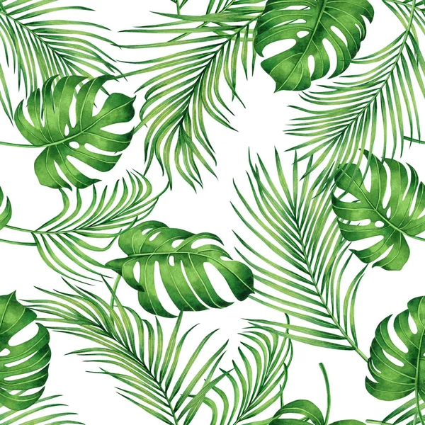 Watercolor Painting Monstera Coconut Leaves Seamless Pattern Shadow White Background — Stock Photo, Image