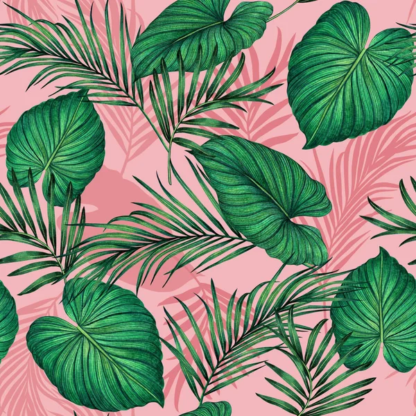 Aquarell Malerei Grün Kokosnussblätter Nahtlose Muster Mit Schatten Auf Rosa — Stockfoto