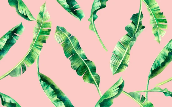 水彩画香蕉叶在粉红背景上的无缝图案 水彩画手绘热带奇异叶印用于墙纸 纺织品夏威夷芦荟丛林中图案 — 图库照片