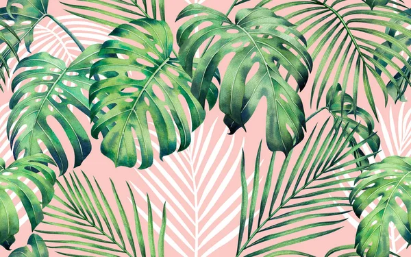 Aquarellmalerei Bunte Baumpalme Monstera Blätter Nahtlosen Musterhintergrund Aquarell Handgezeichnete Illustration — Stockfoto