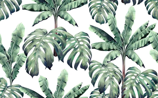 Aquarela Pintura Colorida Árvore Palma Monstera Folhas Sem Costura Padrão — Fotografia de Stock